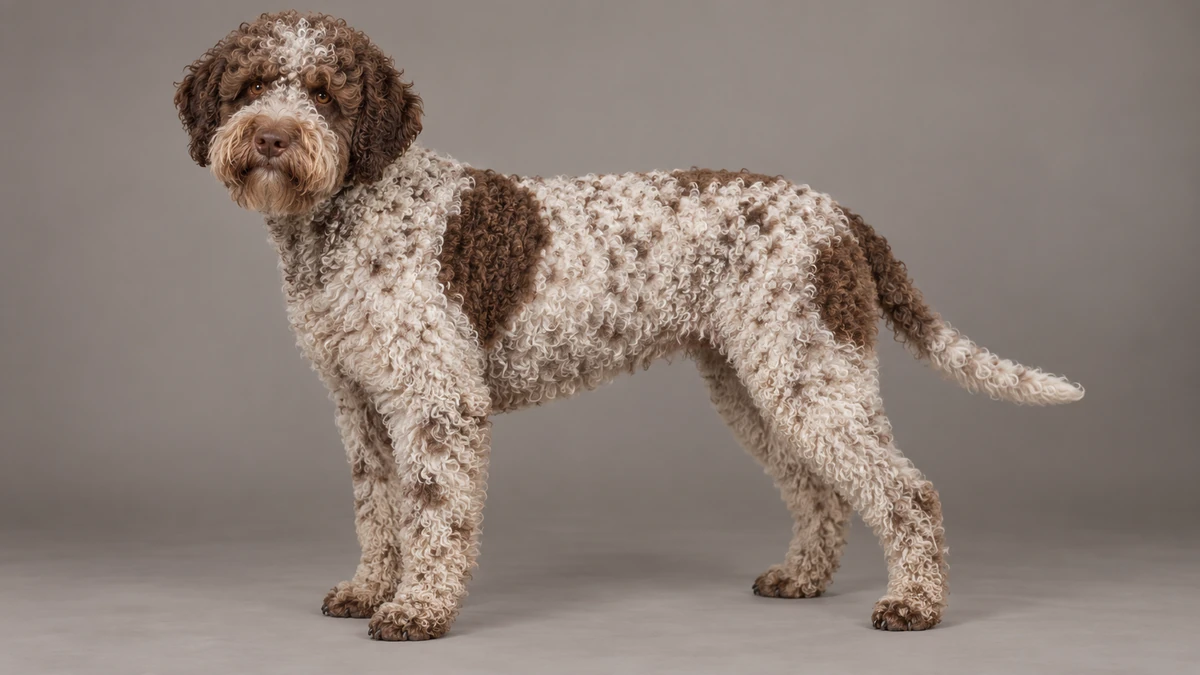 Lagotto Romagnolo köpek — beyaz + kahve benek (roano) renk