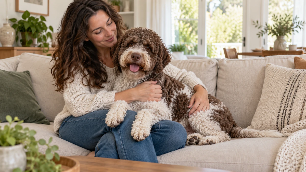 Lagotto Romagnolo köpek — sahibinin kucağında