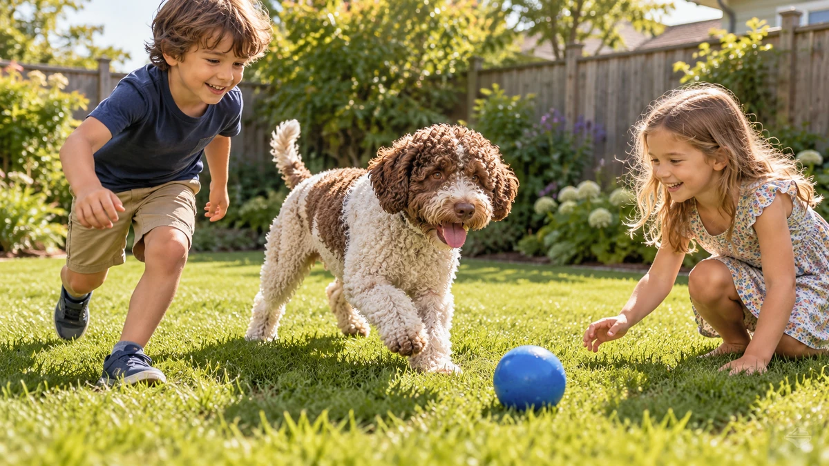 Lagotto Romagnolo köpek — çocuklarla oyun