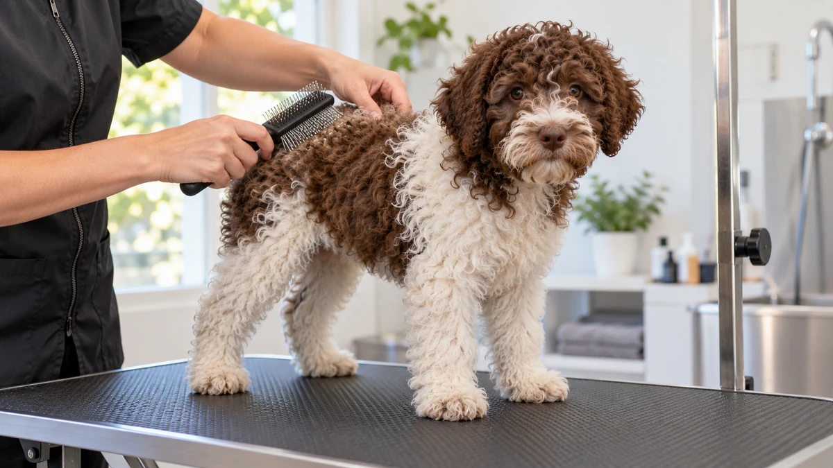 Lagotto Romagnolo yavru köpek — tüy bakımı ve fırçalama