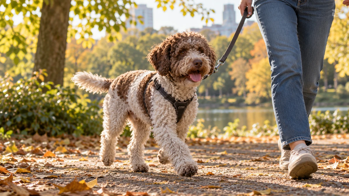 Lagotto Romagnolo köpek — parkta yürüyüş ve egzersiz